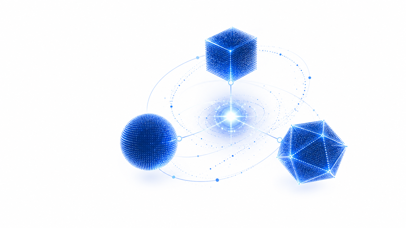 Cube, sphere et icosaedre bleus relies autour d'un noyau lumineux, representant le partenariat entre les expertises Helios Systems.