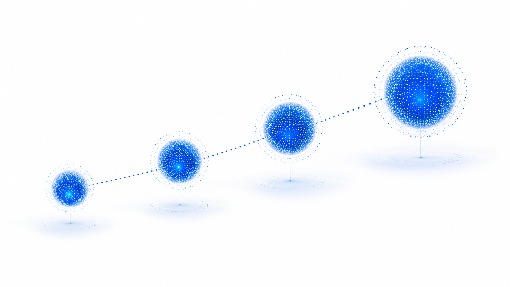 Quatre spheres lumineuses reliees par un chemin ascendant, representant les quatre etapes de la methode Helios Systems.