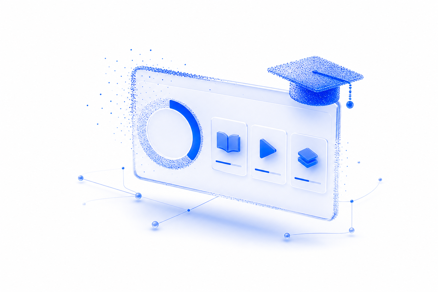 Ecran e-learning avec anneau de progression et chapeau de diplomation, representant une plateforme de formation en ligne.