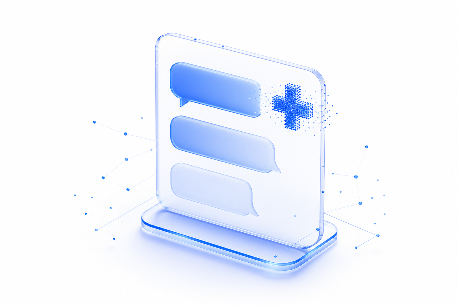 Interface de discussion avec bulles de message et symbole medical bleu, representant un chatbot de prequalification sante.