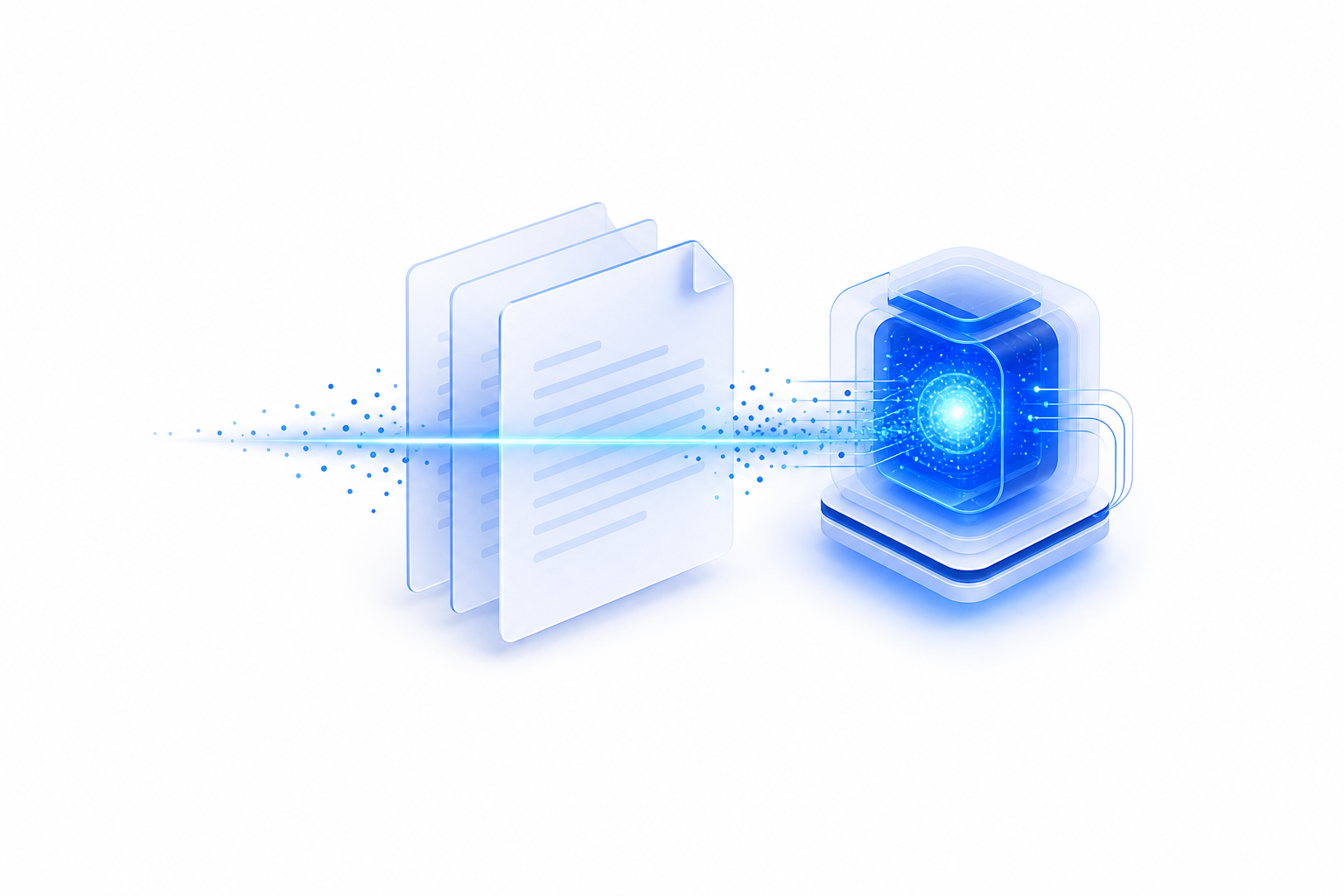 Documents analyses par un faisceau bleu et relies a un noyau de connaissances, representant un assistant documentaire RAG.