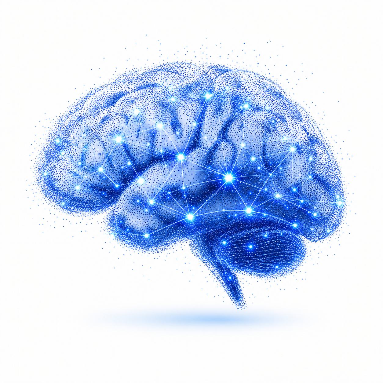 Cerveau abstrait en particules bleues relie par des noeuds lumineux, representant l'intelligence artificielle et les systemes LLM.