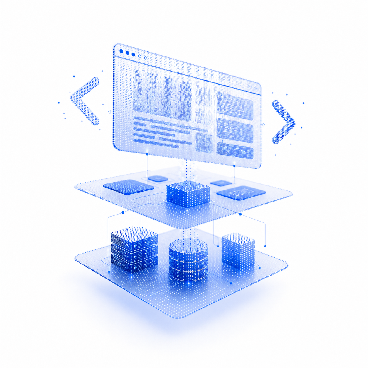 Couches translucides d'une plateforme web avec composants relies, representant le developpement full-stack.